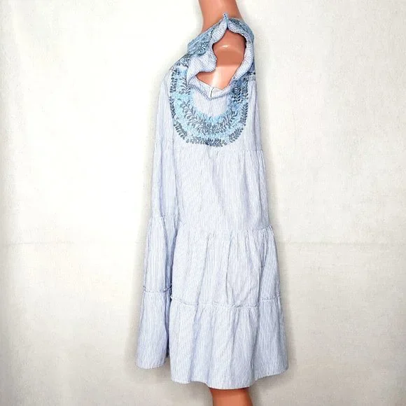 Emilia Collection Isa Dress *S/M Blue Striped Tiered with Blue Gray & Embroidery